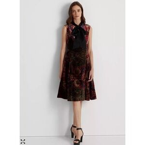 LAUREN Ralph Lauren Velvet Floral‎ Sleeveless Dress Women 0 Print Tie-Neck